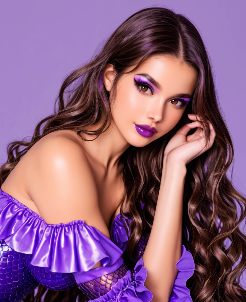 Eiza Gonzalez, pale skin, evil smile, large lips, black wavy hair, hot, thick brows, smokey eyes, purple sexy dress, magic, 11 years old, accessories, purple lips