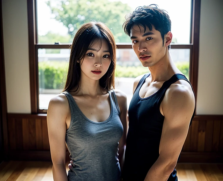 Night,A boy and a girl standing together,In university dormitories,Long-range shooting,(Original Photography:1.3),athlete,1 Girl, Perfect body, Beautiful face,Very detailed details of the face,Messy black hair, Smart eyes,Sweating,Cleavage,Sexy bulge,Track and field wear, sports Shorts,Long legs,sports shoes,Soaked,Standing,
