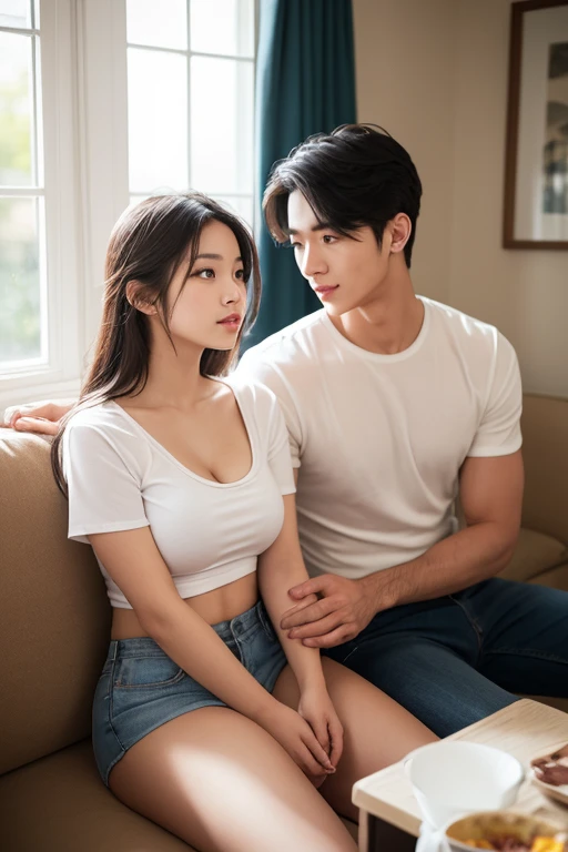 couple，1 girl，1 boy，different hair colors，long golden hair，Turtleneck and lace lingerie，silk socks。short black hair，wavy and（green eyes），Lace T-shirts and underwear，different heights，eyes with details，Face，hand。they look at the audience。they hug。flowers（清晰的hand指：2.0）（clear facial features：2.0）