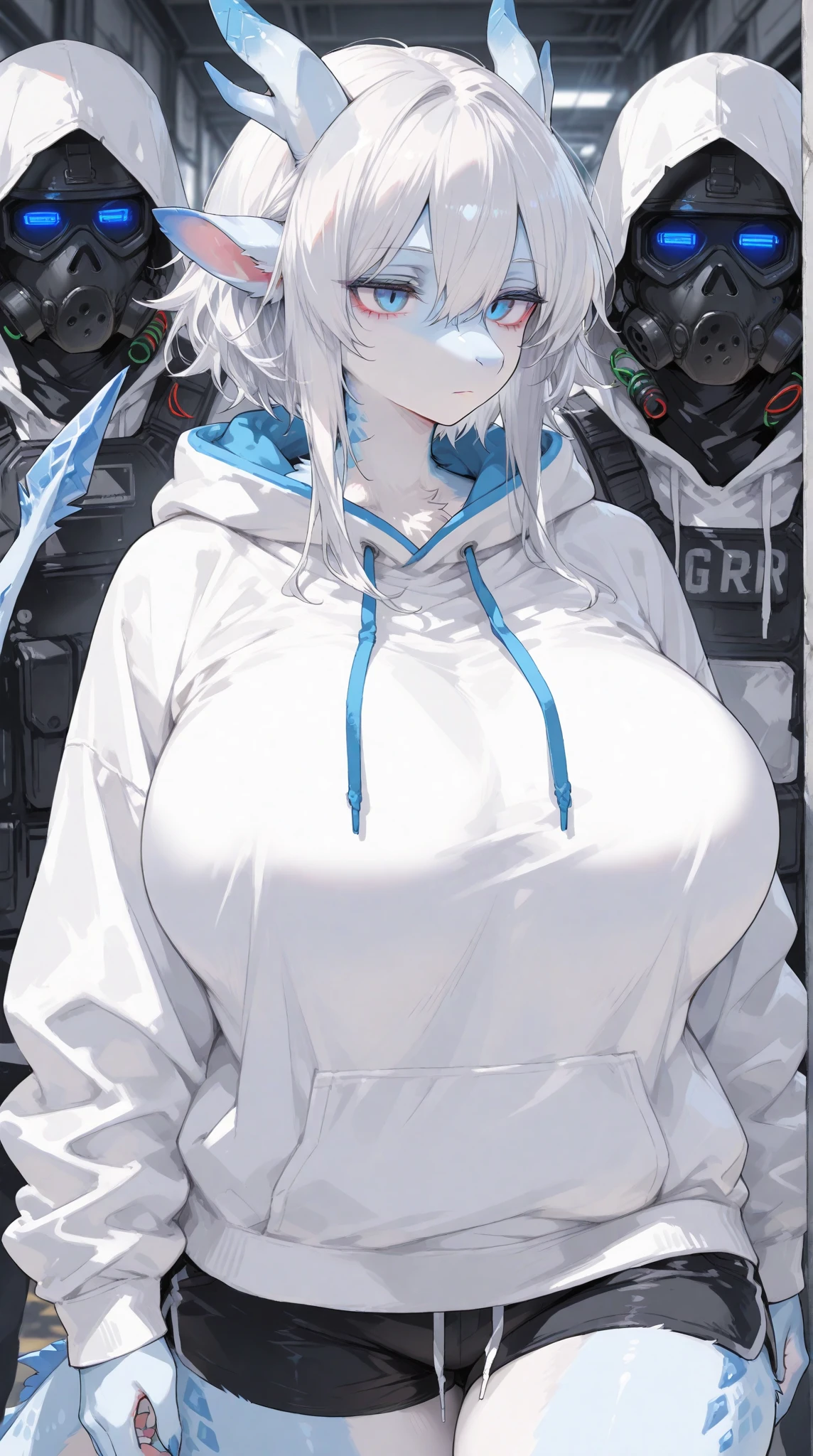 ((highest quality、High resolution、ultra detailed face, 8K、masterpiece:1.8))、dynamic angle、full body view 、wallpaper、1 girl、unparalleled beauty、ultimate beauty、super detailed face、delicate eyes、blue eyes, loving smile、sexy look、shirtlift tease, looking at the camera、Depth of bounds written、light particles、side light、ponytail、silver hair、white hoodie、black panties, cute panties, cropped hoodie underboob, Exposed underboob, huge breasts, white stockings, Sneakers、slim、slender、Street park ,