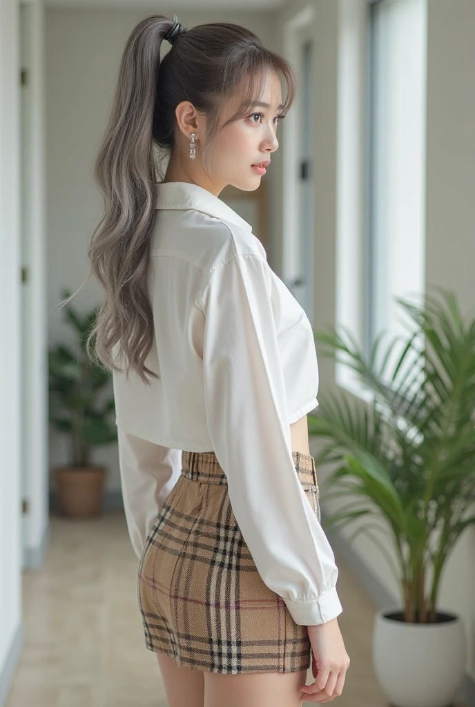 (Surreal), (picture), (High resolution), (In 8K), (Very detailed), (Best Illustration Photos), (Beautiful and fine details), (Highest quality), (Ultra-detailed), (masterpiece), (wallpaper), (Detailed face), solo, One Girl, White Wavy Hair, Korean Beauty, iridescent heterochromatic eyes, Loose light white shirt, White maid outfit, Long legs, Toned Abs, Camel Toe, stockings、((Curly hair in braids、good1))、