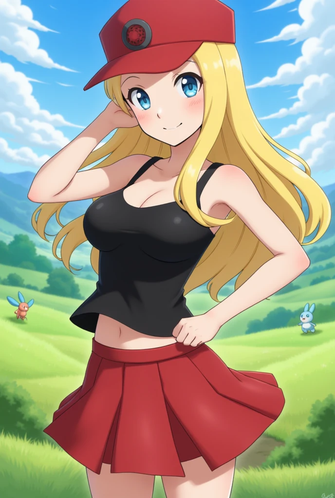 masterpiece, best quality, highres, blue eyes, serena \(pokemon\), 1girl, solo, thighhighs, long hair, hat, jewelry, bracelet, black thighhighs, no shirt, pleated skirt, red skirt, sleeveless, high-waist skirt, sleeveless shirt, eyelashes, pink headwear, black shirt, eyewear on headwear, upper body, field, smile, closed mouth, big boobs, panties, underwear, from behind, NSFW,
