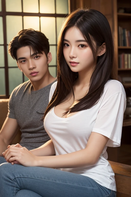 (table top:1.2), realistic, 18 year old photo.girl wearing a loose shirt、(Half-unbuttoned shirt) , highest quality, (big breasts), bare shoulders, cleavage, , lower chest、Exposed breasts、brown hair、((gal))、adult woman、(long face)、big eyes、double eyelids、BREAK,Commemorative photo、with men、elder、Fat old man、two shot、Man touching girl's body、A man staring lewdly at a woman,Grinning man,Grinning man,Grinning man,Grinning man、Sexual harassment teacher、A man smells a woman's head from behind、、A man smells a woman's head from behind、、A man smells a woman's head from behind、、A man smells a woman's head from behind、、A man smells a woman's head from behind、