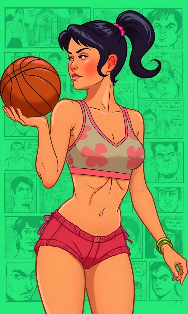 (high quality, best rendering), (beautiful girl), black hair(bombshell, pin-up style), psychopath, crazy face, sexy pose, jean short shorts, tank top, pastel, centered, scale to fit dimensions, micro thong, micro bikini, camel toe