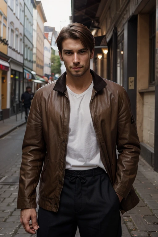 a very handsome man, with short wavy grayish-brown emo-style hair, with reddish-pink eyes, wearing a red leather overcoat, white half-open t-shirt, red leather jeans, with pointed ears, pale skin