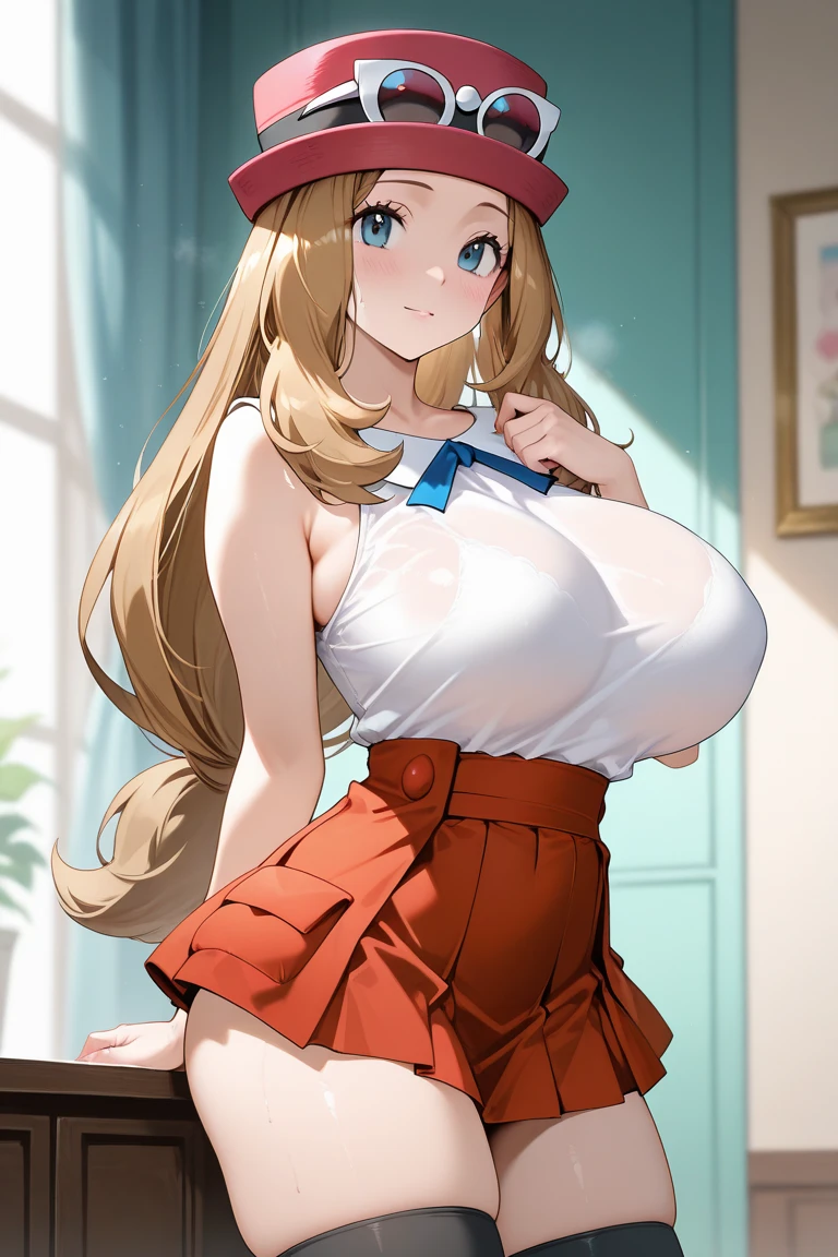 (( close、16K、Highest quality、Attention to detail、Rich skin detail, Browsing Caution、Chubby))、 (Beautiful Eyes), ((Huge breasts、Armpits、Hands behind head、Spreading her legs、Sitting、Sweat、vapor))、 ((Blonde、white high leg panties、Red ribbon))、(Cheerleader、Red short dress、Red mini skirt)、(blue eyes、Three white eyes)、((Twin tails、Long Hair、Straight hair)), ((blush))、(Wide Hips、Thick thighs)、((((surprised、Embarrassing))))、((On stage))