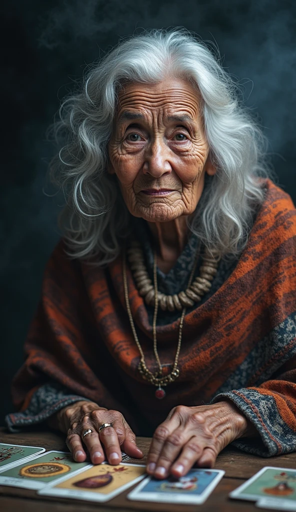 An elderly Indonesian shaman woman with deep wrinkles, traditional Batik wrap and silver hair partially covered, no card in hand, but tarot spread in front of her, looking directly into the camera, moonlit and smoky background, spiritual presence, detailed close-up, 4K
