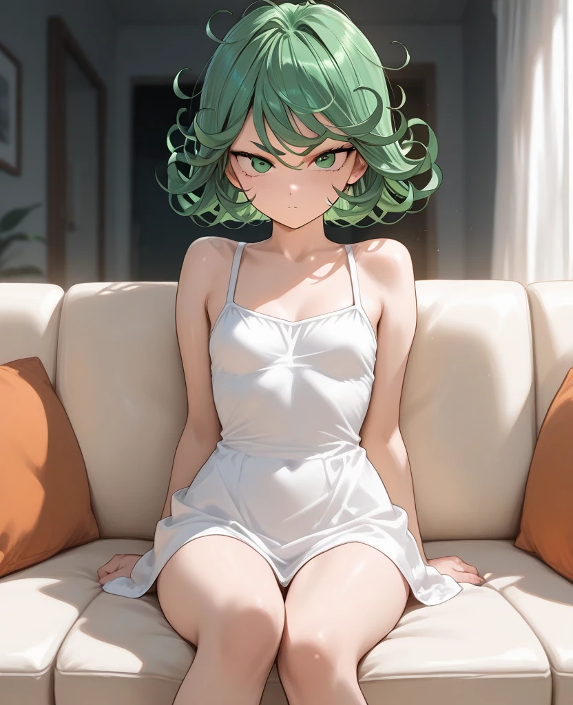 (Tatsumaki: 1.7) Tatsumaki, Bela, obra prima, extremamente detalhado, melhor qualidade, best ilumination, melhor sombra, rosto perfeito, olhos verdes brilhantes, cabelo verde curto, pijama verde escuro apertado, umbigo, axilas, deitada em uma rede olhando para o expectador, peitos pequenos, corada, acordando, visual desleixada, de quatro, fofa,
