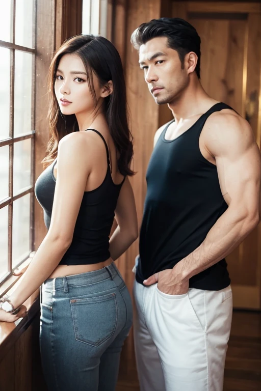 1 man, 1 woman, (male model hugging female model, kissing, intimate relationship: 1.2), Araff woman in pink top and jeans and handsome male model, Korean female fashion model, photo of slim girl model, wearing tight simple clothes, skinny waist and thick buttocks: 1.1, gorgeous young Korean woman wearing sexy cropped top in crop top with crop top Korean girl, casual dress style, 2 4 year old female model, beautiful Korean woman, HD, 16k, realistic, small round face: 1.0, realistic perfect face and skin, detailed beautiful glasses, double eyelids, long eyelashes, swollen eyes, realistic face and eyes, facial light, super detailed facial details, lip gloss, blush: 1.0, brand open crop top (pink, open V-neck, super realistic detailed clothes: 0.8, huge boobs: 1.5, perfect breasts and nipple bulge: 1.5), high-end brand skinny jeans ((super realistic detailed jeans: 0.6)), perfect big boobs, Perfect breasts, perfect waist, perfect buttocks, (enchanting, beautiful, sexy: 1.0), (round calves: 1.2), (white and tender toes: 1.2, wearing high-end designer crystal sandals (stiletto heels: 0.5)), realistic and stylish shawl hair, shoulder length: 1.0, smiling teeth: 1.0, handsome male model: 1.0, private shooting, private shooting, background ((super luxurious yacht, green venue, buffet table, swimming pool, poolside parasols and beach chairs)) , Dancing with a male model: 1.2, Dancing gracefully: 1.5, Autofocus: 1.2, Versatile poses, Full body shooting: 1.5