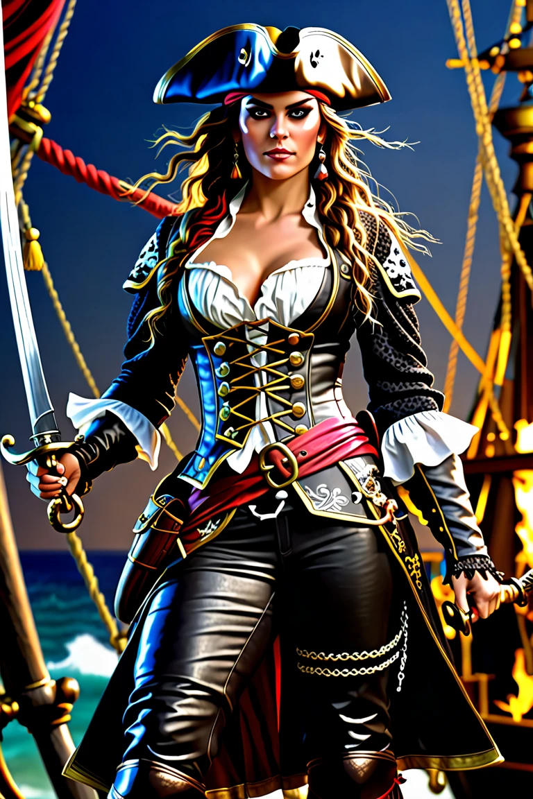 pirate outfit based on the anime One Piece for a female captain, She's the one in charge of the crew, the owner of the ship. Do this whole body. I want something more intimidating. I want something that commands respect, less cuteness and more fear. Keep the black and gold clothing pattern. is a woman.