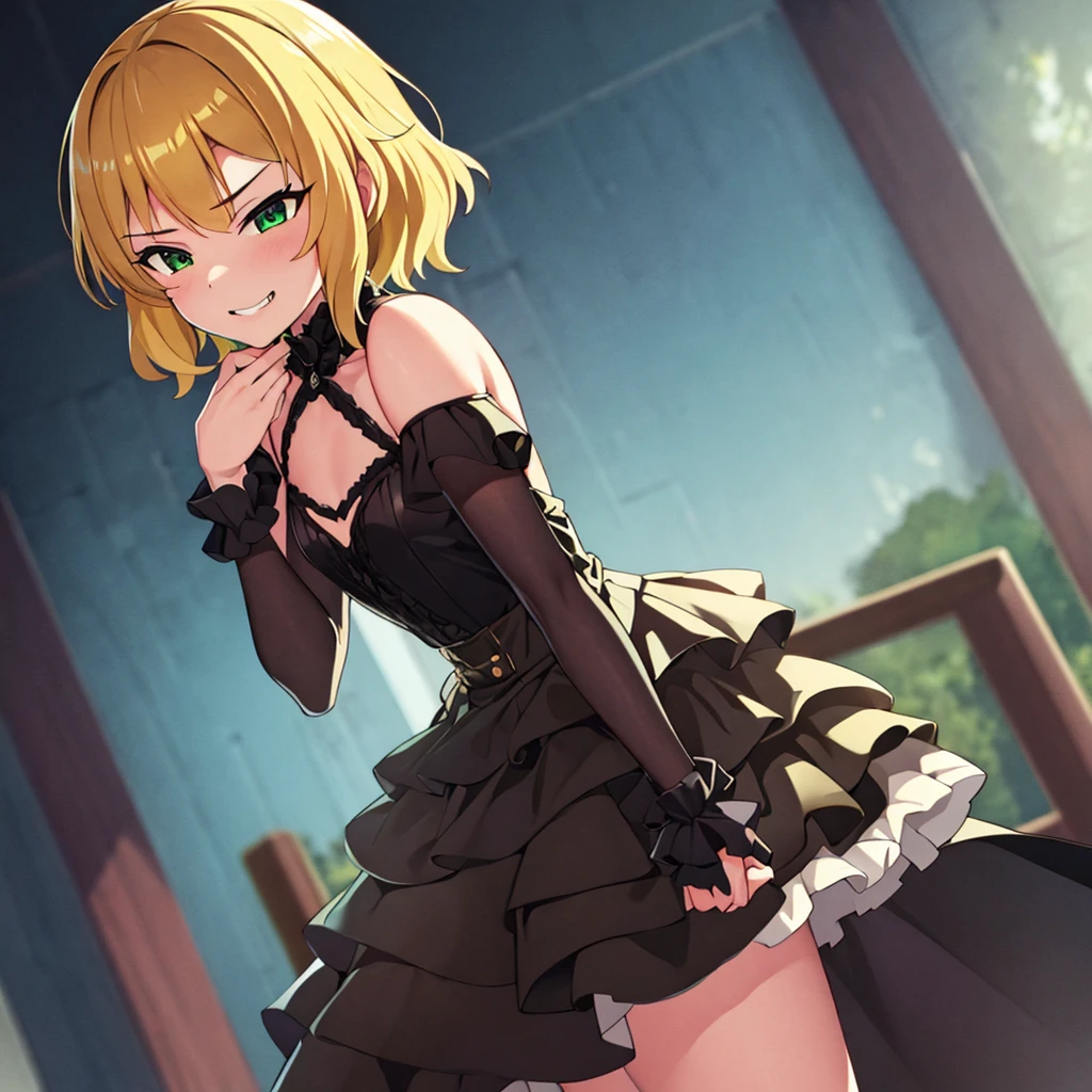 (anime style),masterpiece, best quality, extremely detailed,10Year old,tanned skin,dark skin, Beautiful body,BREAK,multicolored colorful blonde hair,short hair,hair slicked back,BREAK,black eyes,happy smile,open mouth,eyes widen,happiness
smile face,detailed lips,open legs,BREAK,cotton black big ribbon,BREAK, Ballerina costume,off shoulder,frilled clothing microskirt,break,head tilt,hold me pose,in the private room,back angle