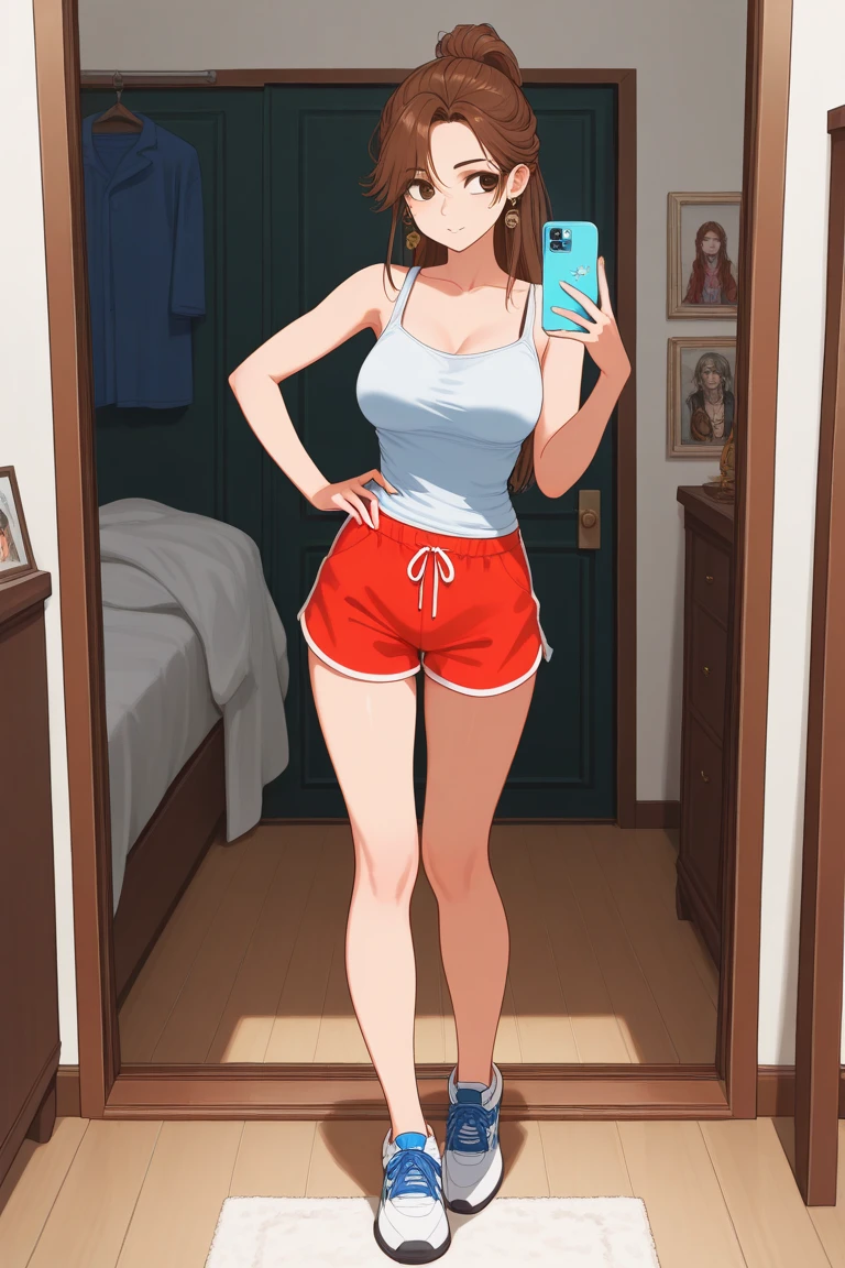 brown hair，blue eyes，short hair，Double tail，red headscarf，Red race swimsuit，Xiaoyao【Pokémon】blush，Smile，big breasts，Denim shorts，bedroom background, standing, idle