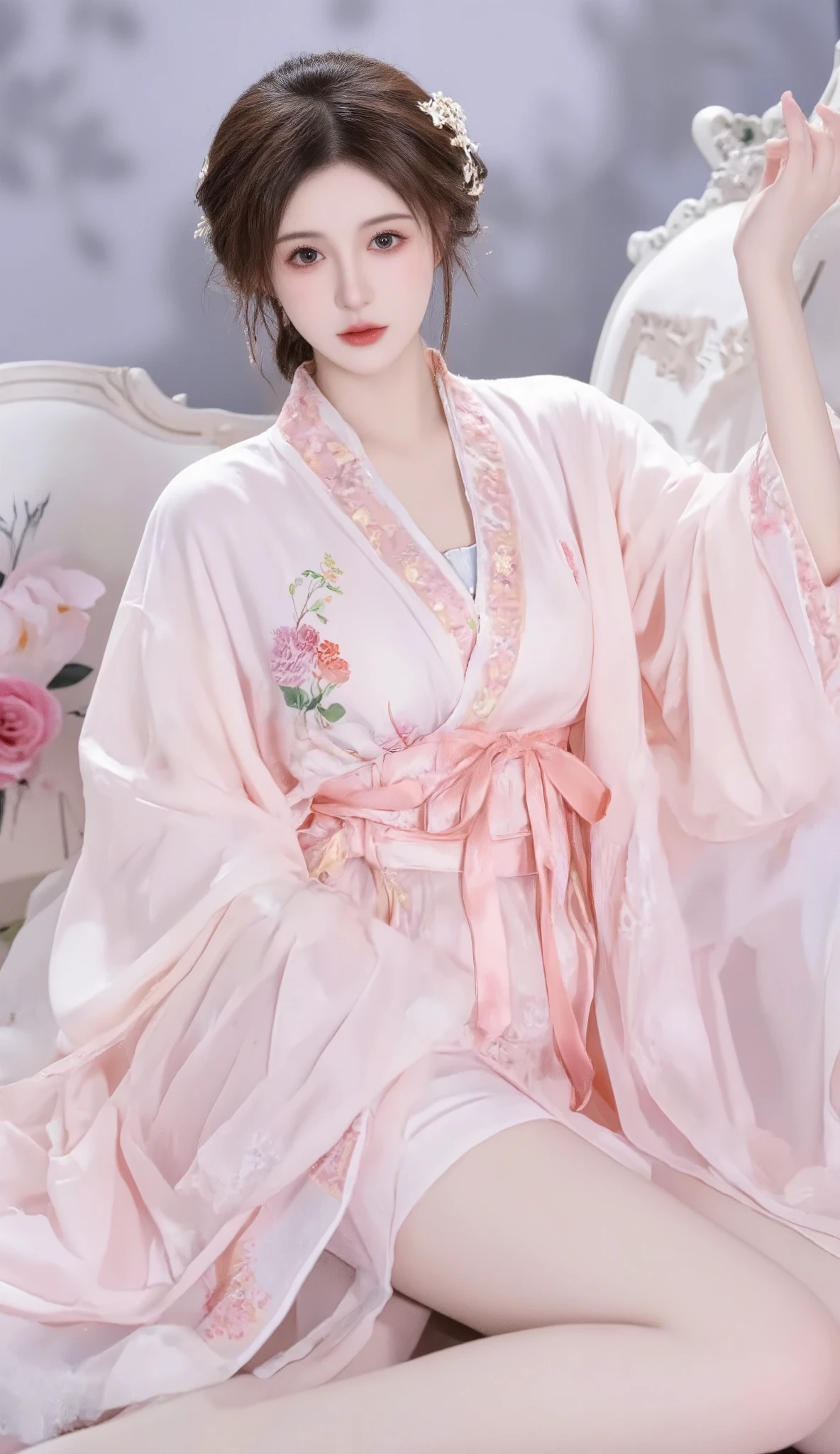 robe, 1 girl, [[  eyes, 白flower, ribbon, Chest,  白色 Chinese clothing   ,    Chinese clothing   , skirt, flower, Gradient   , Gradient    background, embroidered ball flower, Watch the audience, small Chest, white pantyhose, Single, thigh 连裤袜