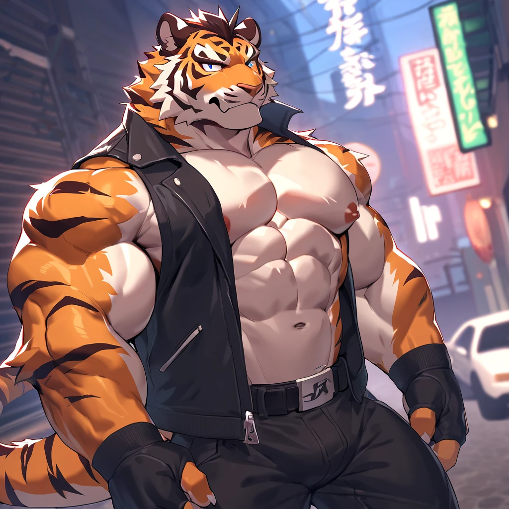 Masterpieces, furry, male, Anthropomorphic, tiger, veiny, athletic body, Delicate eyes, white goatee, glistening body, street thug, fighter, anime, depth of field, perfect lighting, (best quality),(masterpiece),(ultra detailed), sharp focus, detailed background, black boxer, shirtless, unbuttoned short vests, fierce look, soldier look, full body, six pack abs, black nipples, scars, black gloves, large chain necklace, hairy furry armpits, raise an arm pose, glossy skin
