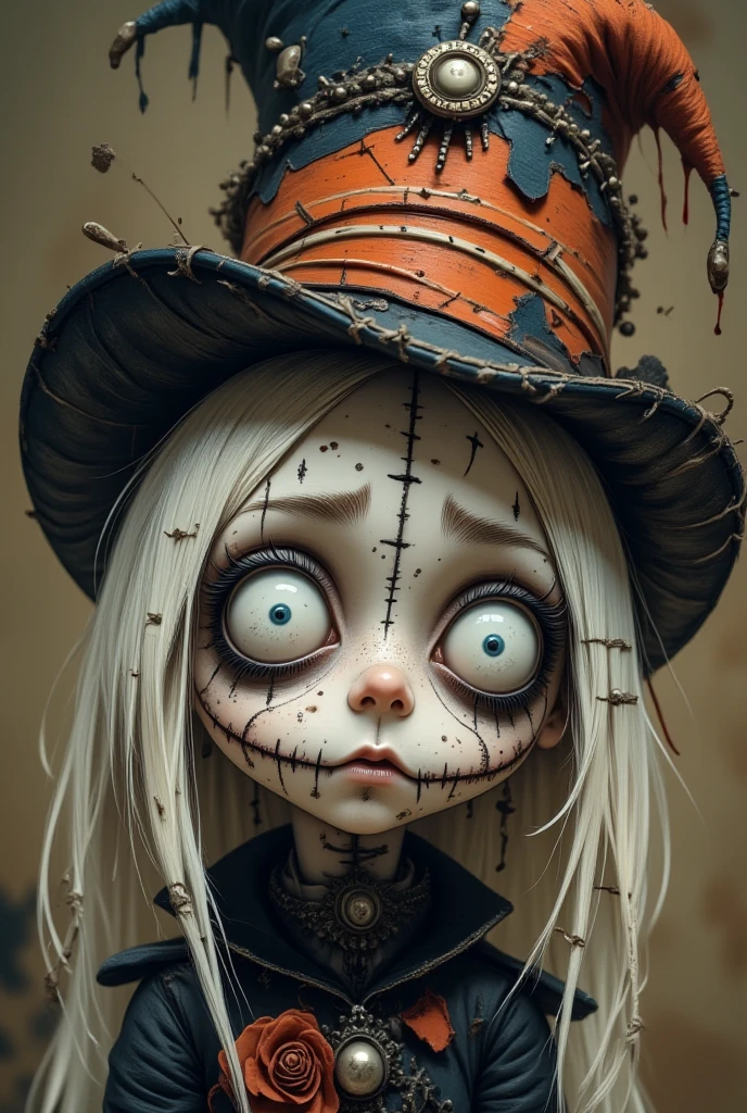 A close-up shot of a dusty box lying on the floor of a dark attic. As one of the s opens the box, a broken doll with empty eye sockets and a sinister smile is revealed. Highly detailed, macabre, with a touch of supernatural horror.