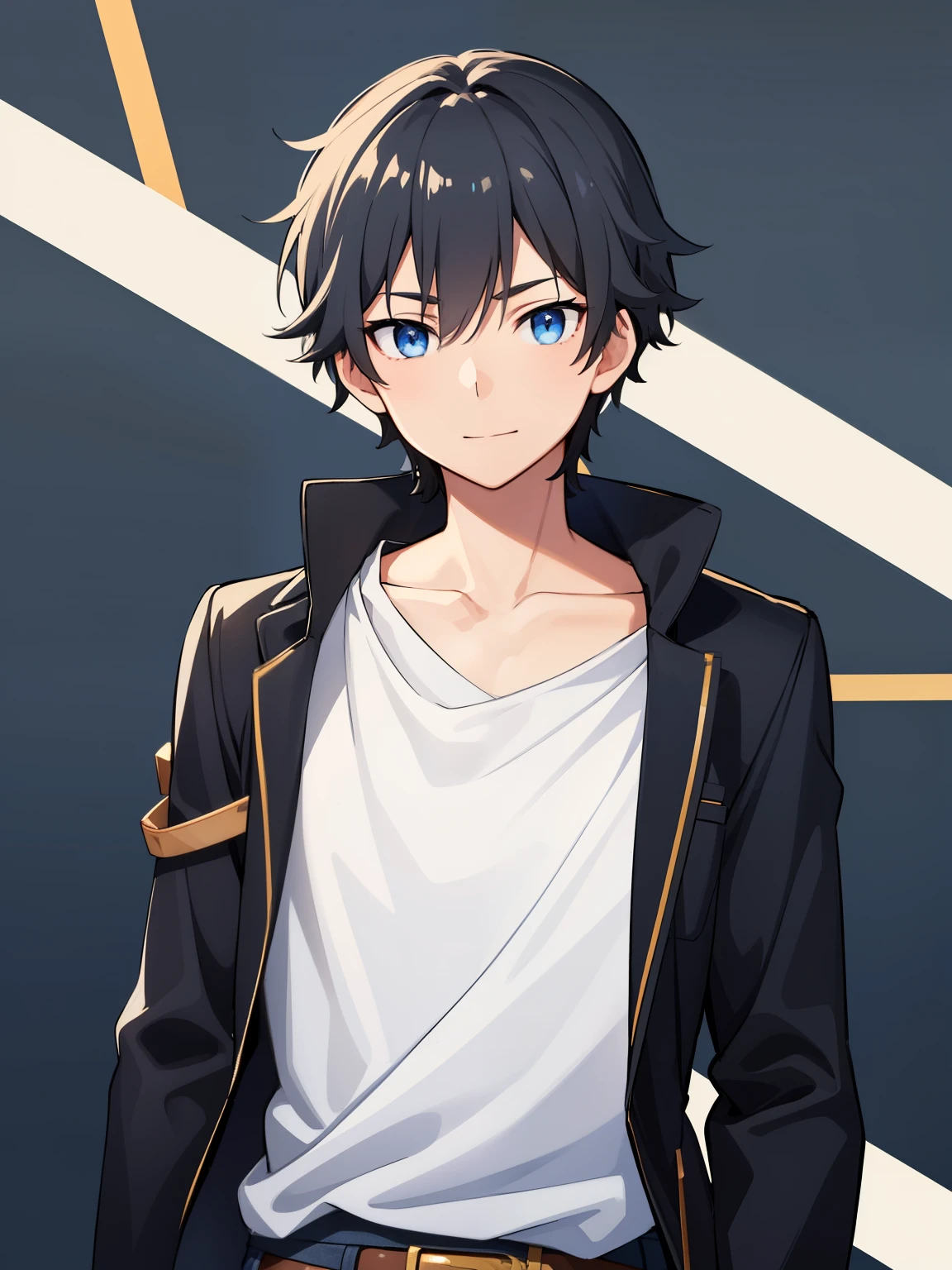 (high-quality, breathtaking),(expressive eyes, perfect face), symmetrical eyes, 1boy, solo, medium length hair, black hair, blue eyes, kind, jacket, tshirt, belt, jeans, portrait, upper body, simple background, calm expression, small smile, caelus, standing straight,
