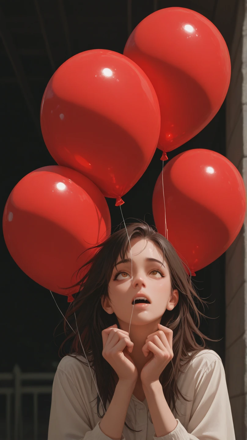 fashion portrait photo of beautiful young woman from the 60s wearing a red turtleneck standing in the middle of a ton of white balloons epicphoto