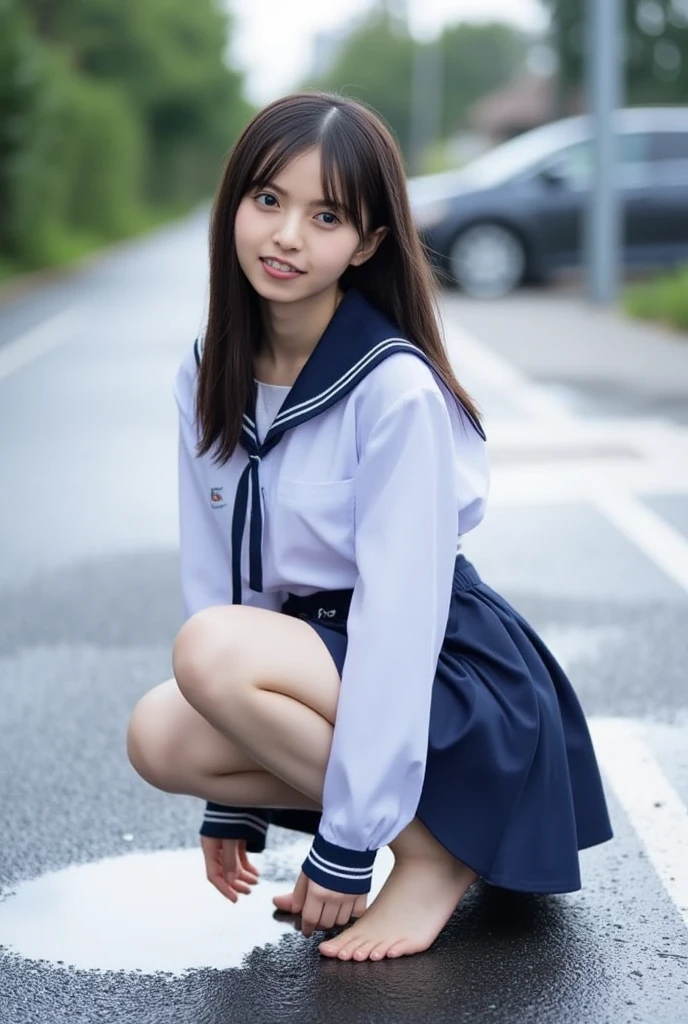 8K, Highest Quality: 1.4, High Resolution: 1.5, (Photorealistic: 1.4), Masterpiece: 1.2, (Highest Quality: 1.4), Raw Photo, Japanese woman in sailor uniform squats on the sidewalk, spreads her legs, shows her panties, holds up her skirt with both hands, 18 years old, Stock Photo, Japanese uniform, Beautiful and attractive anime teen, Japanese uniform, Beautiful school girl, (shy smile), Smooth skin,