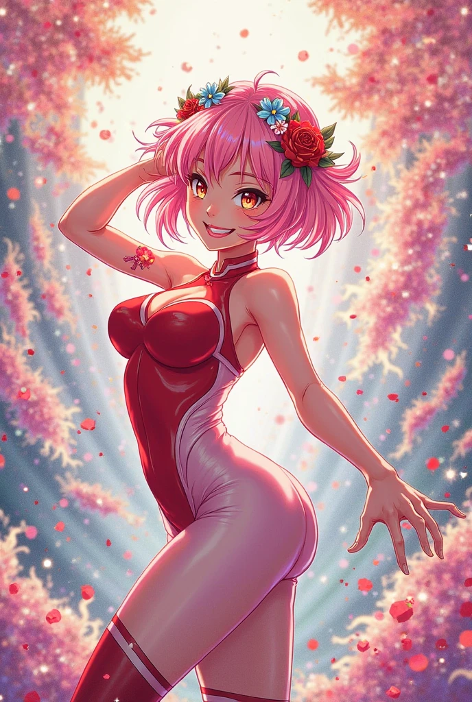 haruno sakura, naruto \(series\), naruto, 1girl, blue headband, breasts, cherry blossoms, green eyes, grin, hair intakes, headband, jacket, long hair, looking at viewer, open mouth, pink hair, red jacket, sketch, sleeveless, sleeveless jacket, small breasts, smile, solo, upper body, portrait, aged down, flat chest, , ((masterpiece))