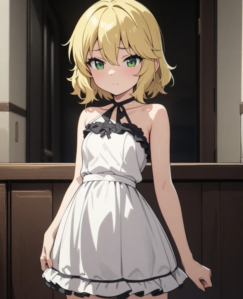 idol、masterpiece、top-quality、beautiful countenance、absurderes、HDR、(cowboy shot、White Ruffled Lace Mini Dress、White collar、White ruffle cuff、Particle:1.5)、(Bloom、Glow:1.4)、(a smile)、(Blonde short、yellow eyes:1.7)、foco nítido、Photorealsitic、hight resolution、highestdetailed、ultra-detailliert、detailed faces and eyes、Sharp pupils、Realistic pupils、foco nítido、The Perfect Five Fingers、perfect leg、 shinny skin、Beautiful anime girl、(Sensual smile)、Black corset、(Dark indoor、dark backgrounds:1.5)、Rim Lighting、Dynamic, cinematic lighting、(((tucking up the skirt:1.3)))、(((White panties are visible)))