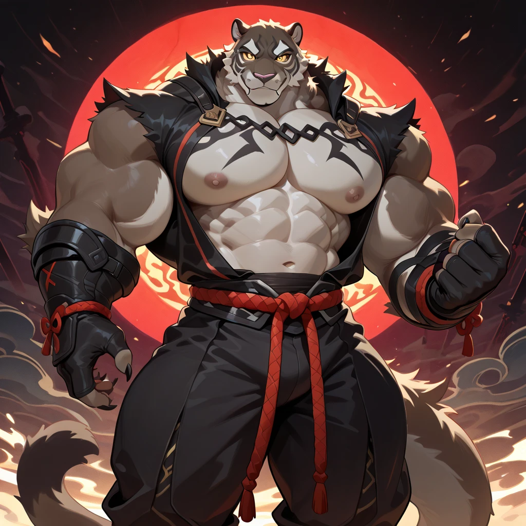 Bodybuilder, white polar bear, terroral,blood vess,rampage,zombie,Blood on the body,The corners of his mouth were stained with blood,solo person,White body,White ears,White hair,White fur,Overall white,Black-blue eye, daddy,Wear a red fundoshi,Ultra-clear screen,Soft lines, ((white fur), (Grin face), (Menacing look),(Demon horn), (Pair of Black-Red horn on head),(long straight horn), (Muscle gut body))