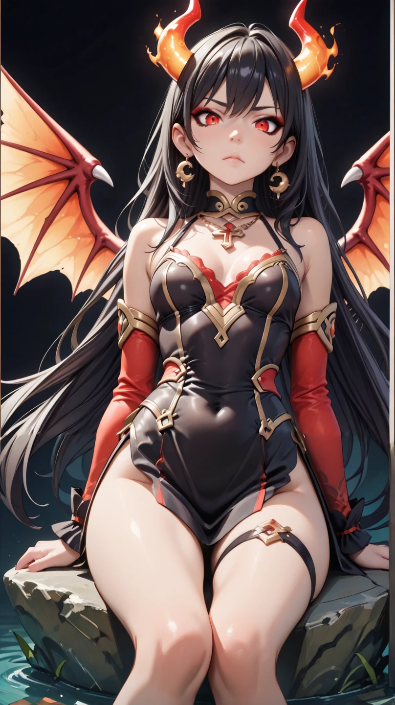 2D anime picture, (anime style 1), girl, 16 years old, sadistic, demoness princess, small demoness horns, beautiful long black hairstyle, in luxury and sexy princess demon fencing outfit, stand on training area, fantasy, Middle Ages, night