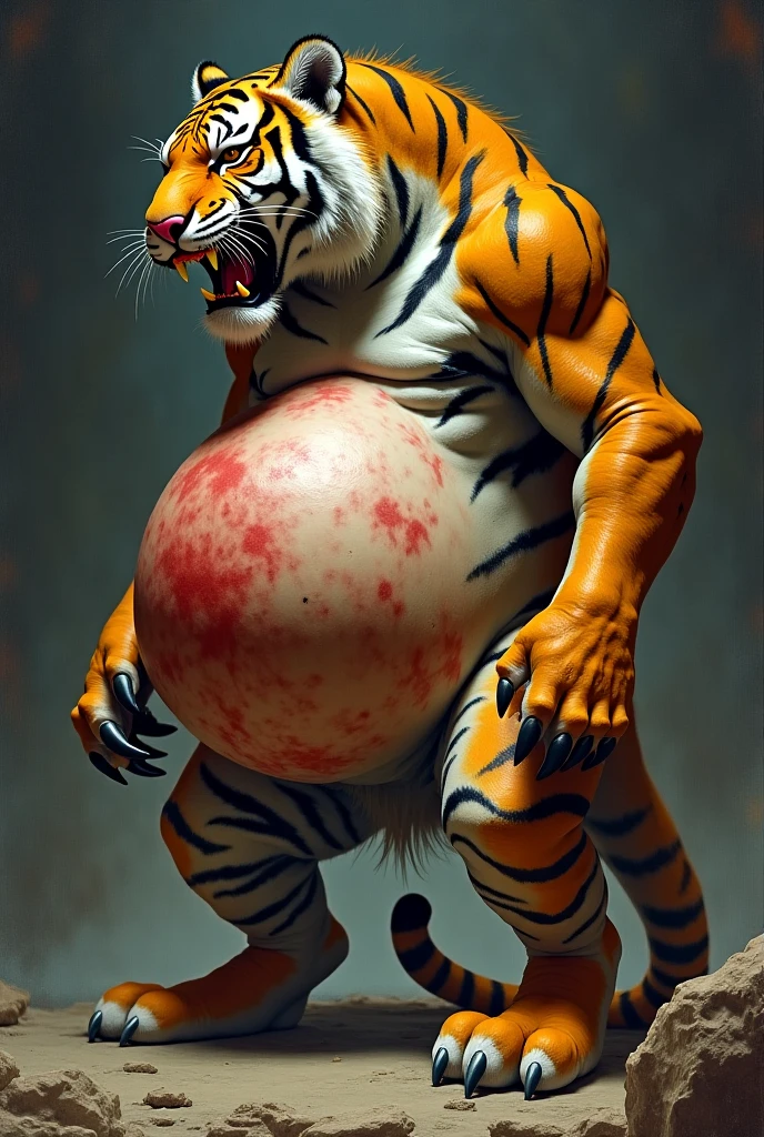 Tiger looking diagonally sideways、A lot of semen、、Huge poop overflowing from ass、Large amounts of hard stool、Abnormally large male genitalia、Very huge erect penis、Huge testicles、Very large scrotum、Extensively hairy testicles、Diagonal side view、A composition that captures the whole body、Hugely swollen abdomen as if pregnant、Very obese lower abdomen、Kneeling pose、Golden tiger、Tiger fur、Eyes closed、pubic hair、Armpit Hair、chest hair、Gritting teeth、A body that fills the screen、Concrete Background