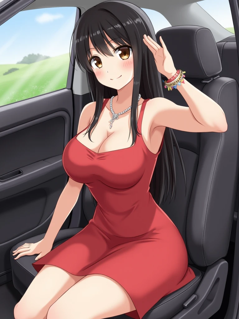 score_9, score_8_up, score_7_up, source_anime, luxurious gardens, POV, rich party girl, bracelets, tan, arched back, natural lighting, gold chains, large natural breasts sagging, looking at viewer, strapless transparent white summer minidress, sitting in luxurious sports car, insanely detailed, sweaty skin, oily skin, wet skin, shiny skin, posing, armlets, view from above, detailed skin, hourglass figure, posing in luxurious expensive car , flirting, lustful gaze, tan skin, hoop earrings , eye contact , depth of field, cinematic illumination, volumetric lighting, Painstaking Attention To Details, Beuty, painted nails, pores, breast veins, slutty rich preppy party-goer, angled view, white high heel wedge summer sandals