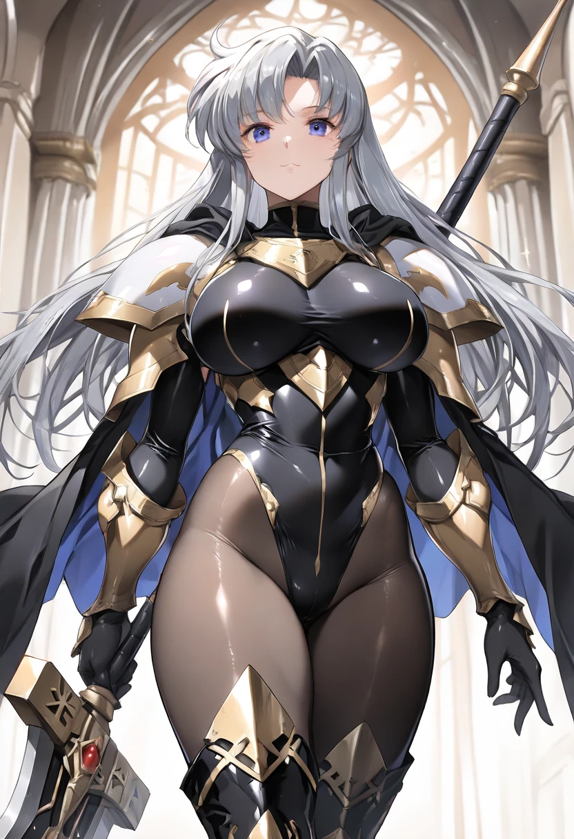 Brown skin, Young woman, long silver hair, Violet eyes, hero's armor, facing viewer, glaring,