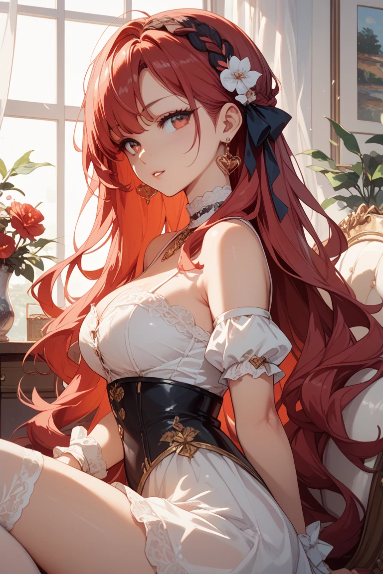 ((​masterpiece,hight resolution,8K picture quality,top-quality)),1womanl,((extra detailed face)),Delicate eyes,((Eyes are green)),((hairstyle on:Wavy long hair,strong wavy hair,redhair)),art deco city,Flower bed of roses,lensflare,Dramatic makeup,Natural complexion,close up,huge tit,showing off breasts,Shy face,Flushed cheeks,sexy lip,White blouse,Gold Button,brown leather corset,The chest is fluttering,Bring your chest together,