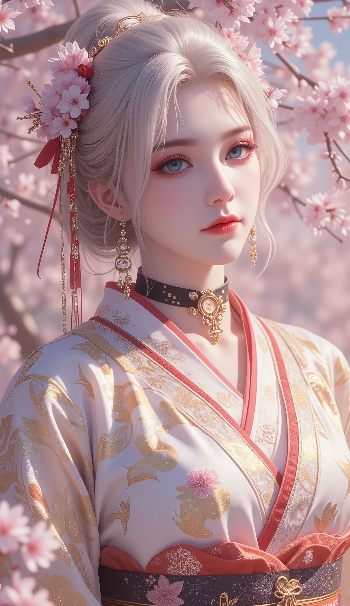 (masterpiece, detailed:1.2), bell choker, big, mature woman, milf, (platinum hair), gradient hair, asymmetrical haircut, aqua gradient eyes, massive breasts, extremely busty, thicc, chubby body, expressionless, mole under eye, polished nails, (gold gradient oriental kimono, cherry blossom pattern), housewife, cherry blossom park, cherry blossom Petals,