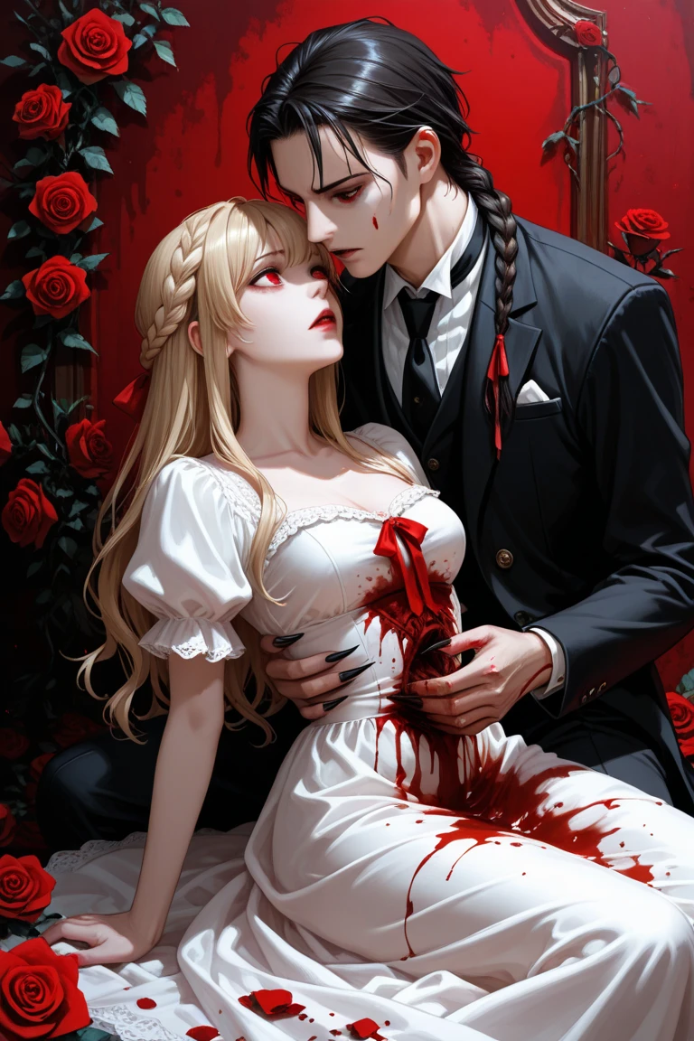 arafed, high details, best quality, 16k, [ultra detailed], masterpiece, best quality, (extremely detailed), dynamic angle, ultra wide shot, RAW, photorealistic, a wide angle picture of a vampire bride biting  her groom, a [female vampire] bride (best details, Masterpiece, best quality) vampire female in a white latex wedding gown with blood stains (best details, Masterpiece, best quality), ultra detailed face (best details, Masterpiece, best quality), ultra feminine, grey skin, red haired, long hair, wedding hair cut style, blue eyes, intense eyes, wearing white latex wedding dress bloody gown (best details, Masterpiece, best quality), wearing white high heels, in the honeymoon suite (best details, Masterpiece, best quality), biting the the groom, bloody face, BREAK a beautiful human man (best details, Masterpiece, best quality), ultra detailed face (best details, Masterpiece, best quality), wearing a wedding tuxedo (best details, Masterpiece, best quality), honeymoon suite background, Ultra-Wide Angle, high detail, award winning, best quality, HD, 16K, 3D rendering, high details, best quality, highres, ultra wide angle, 3D rendering, [[anatomically correct]]