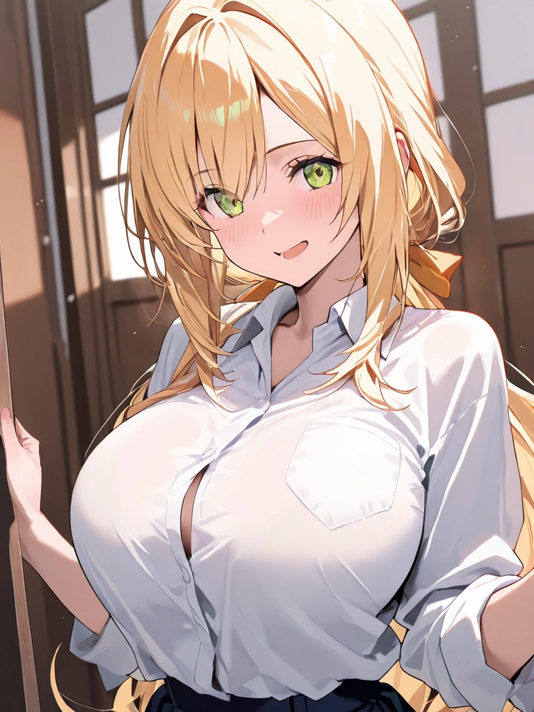 masterpiece, best quality, finely detailed, 1girl, (blonde), (bishoujo), cute, (green eyes), (eyelashes), (huge breasts), (cleavage), (white shirt:1.2), (open shirt), sitting on a sofa, lamp, window, night, delicate interior design,