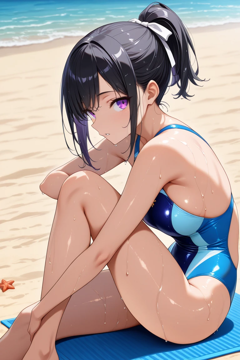 pixel perfect, Perfect in every detail, alone, 1 girl, Saten Ruiko, medium breasts,Swimsuit, leotard, beach, on all fours, from behind, sticking out butt, blushing,smile,stylish pose,stylish angle,looking at the viewer,back,dutch angle,Show your ass
