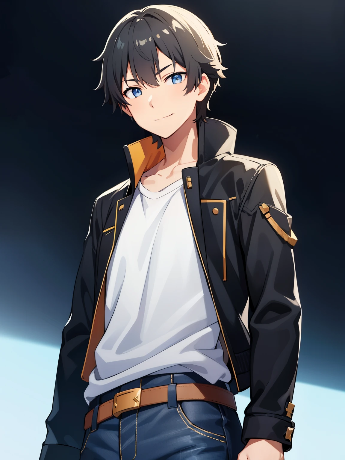 (high-quality, breathtaking),(expressive eyes, perfect face), symmetrical eyes, 1boy, solo, medium length hair, black hair, blue eyes, kind, jacket, jeans, portrait, upper body, simple background, calm expression, small smile, caelus, standing straight,
