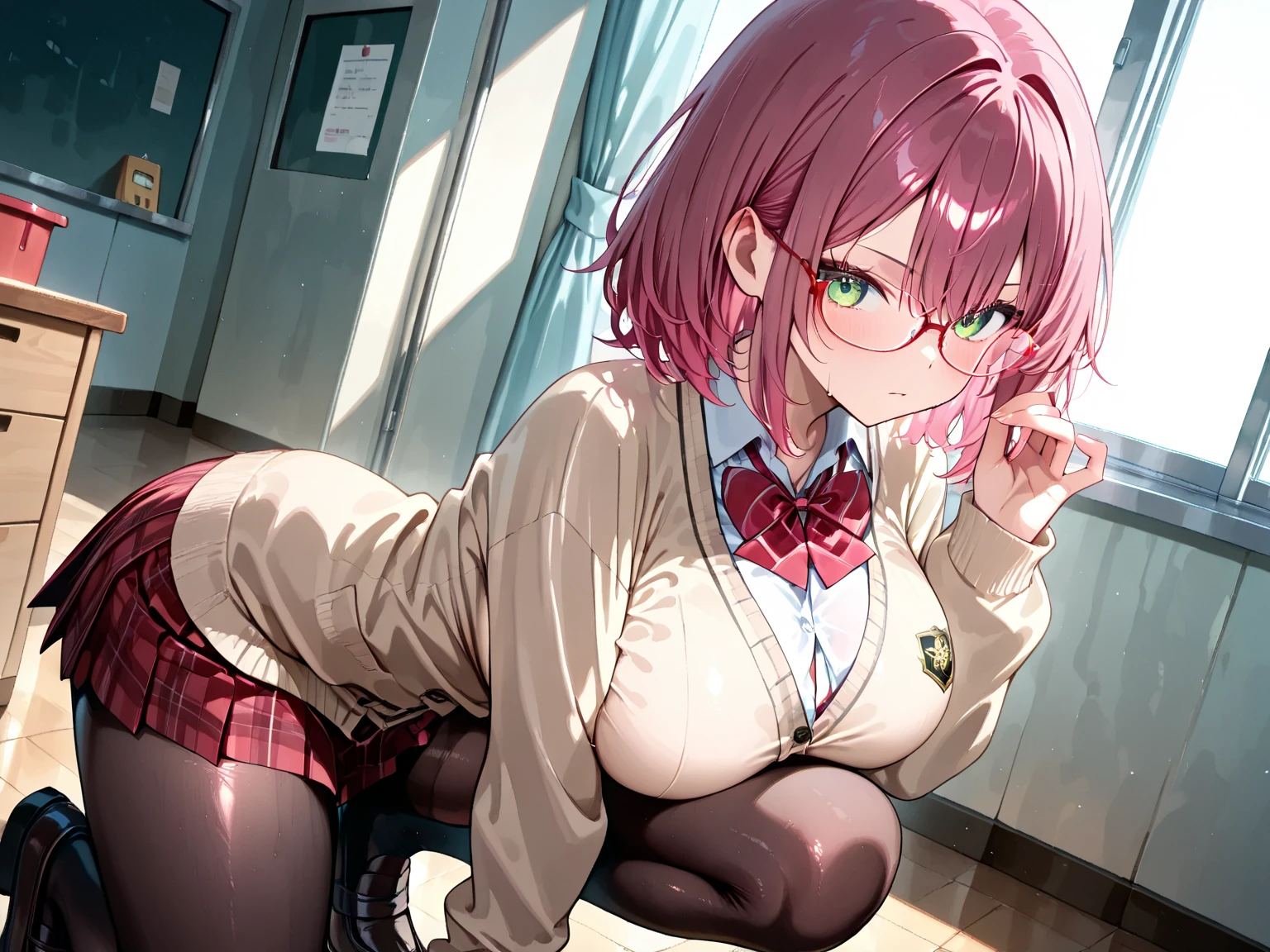 masterpiece, best quality,anime style, 1 girl,(((slender body))), (((small eyes,small breast,breast milk))),(((Jacket, Open your clothes, Open jacket, Blue jacket, Sports Bra,buruma,glasses))),(((((a gorilla man grabbing the girl))))),((((cum)))), (beautiful face), (((short hair))), (((straight hair))), ((((pink hair)))),detailed beautiful skin, (perfect hands, perfect anatomy)