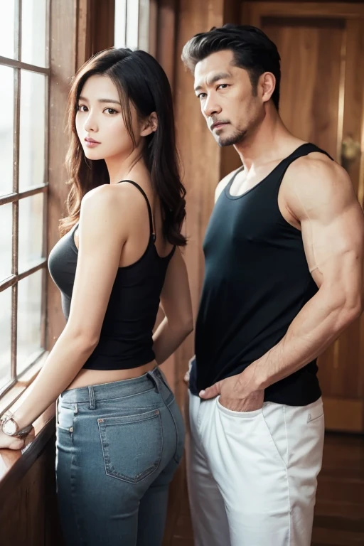 1 man, 1 woman, (male model grabs female model's hands from the back, arms in arms, kisses cheek, intimate relationship: 1.2), Araf woman in pink top and jeans dancing with handsome male model, Korean female fashion model, photo of slim girl model, wearing tight simple clothes, thin waist and thick buttocks: 1.1, gorgeous young Korean woman wearing sexy cropped top in crop top in crop top, Korean girl, casual clothing style, 2 4 year old female model, beautiful Korean woman, HD, 16k, realistic, small round face: 1.0, realistic perfect face and skin, detailed beautiful glasses, double eyelids, long eyelashes, swollen eyes, realistic face and eyes, facial light, super detailed facial details, lip gloss, blush: 1.0, brand open crop top (pink, open V-neck, super realistic detailed clothes: 0.8, huge boobs: 1.5, perfect breasts and nipple bulge: 1.5), high-end brand skinny jeans ((super realistic detailed jeans: 0.6)) , perfect big boobs, perfect breasts, perfect waist, perfect buttocks, (enchanting, beautiful, sexy: 1.0), (round calves: 1.2), (white and tender toes: 1.2, wearing high-end designer crystal sandals (stiletto heels: 0.5)), realistic and stylish shawl hair, shoulder length: 1.0, smiling teeth: 1.0, handsome male model: 1.0, private shooting, private shooting, background ((super luxurious yacht, green venue, buffet table, swimming pool, Poolside umbrellas and beach chairs)), dancing with a male model: 1.2, beautiful dancing: 1.5, autofocus: 1.2, various poses, shooting full body: 1.5