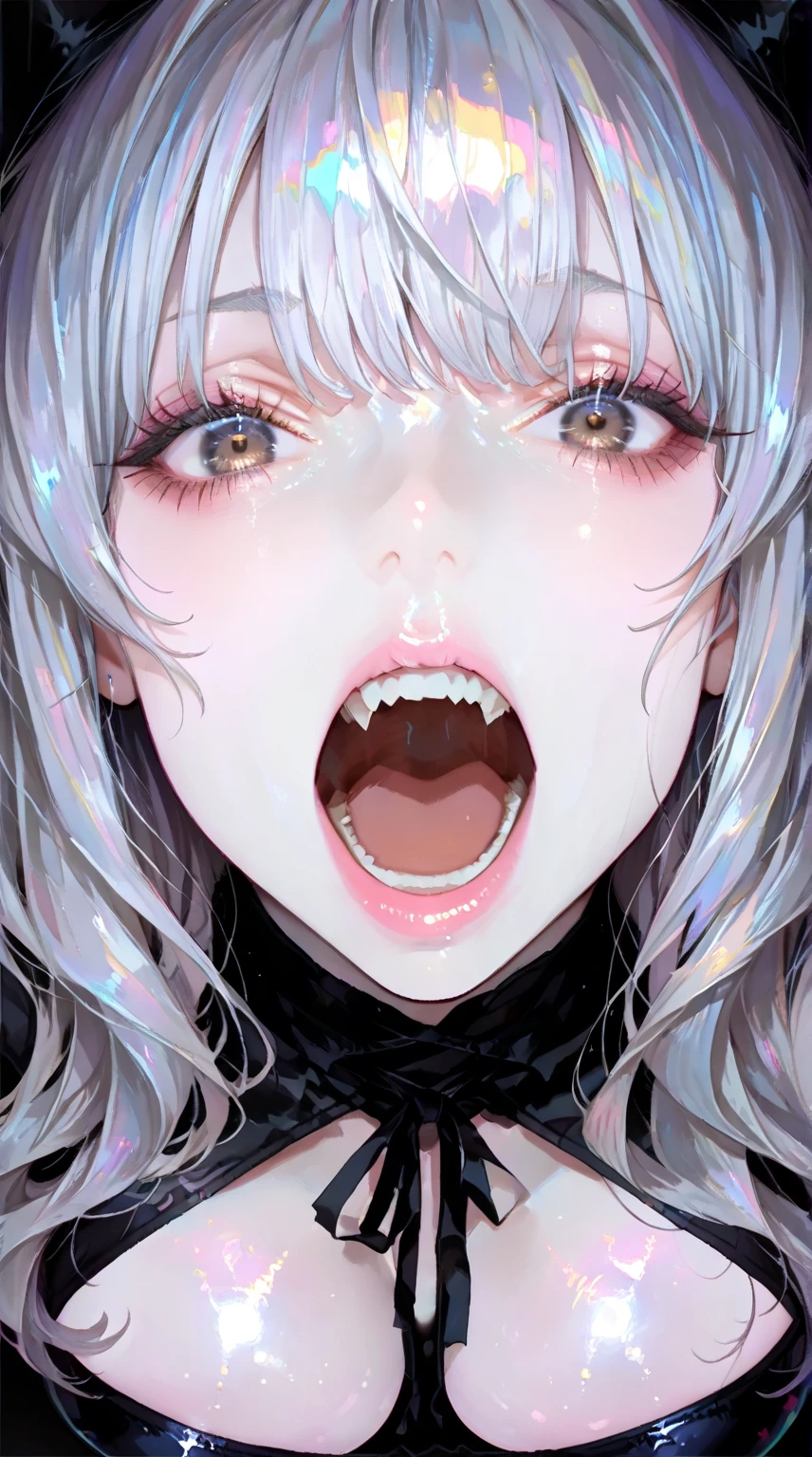 Pink tongue, tongue out, cum in mouth, cum on tongue,detail tongue,4k,Red eyes,white hair,Red eyes,Red pupils