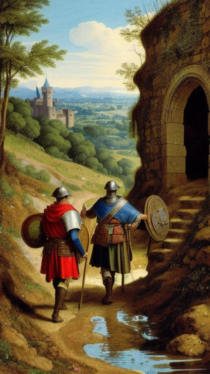 high quality illustration as an oil painting, great resolution and detail, general point of view, model in the distance from the image, 1 woman points with a musket as if she were going to shoot, uniform of the sixteenth century (some metallic details in the homrbos, dark brown leather, belts with golden buckles, small cape to the hip, Metallic conqueror helmet (shiny), brown leather boots, aggressive look, sharp and clear scenery, night, sky radiant with stars, field with green and orange grasses, surrounded by some white, red and yellow flowers, in the background silhouette of a medieval castle wall (a lot of detail, sharp)