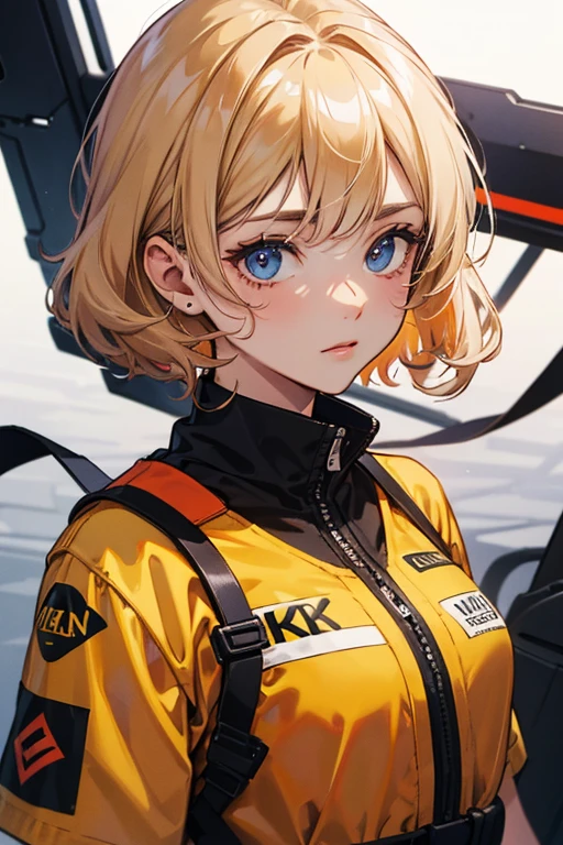 best quality, highres, solo, blonde hair, a female character is wearing a yellow and black colored outfit with a backpack and a yellow vest, dark black and yellow travel & sports leisure, blue eyes, long hair, hoop earrings, headphones, chunky cuban link jewelry, medium breasts, loose and fluid, pigeoncore, elaborate costumes, neo-dadaist, outdoor conference, mechanized precision, in the style of mecha sci-fi anime