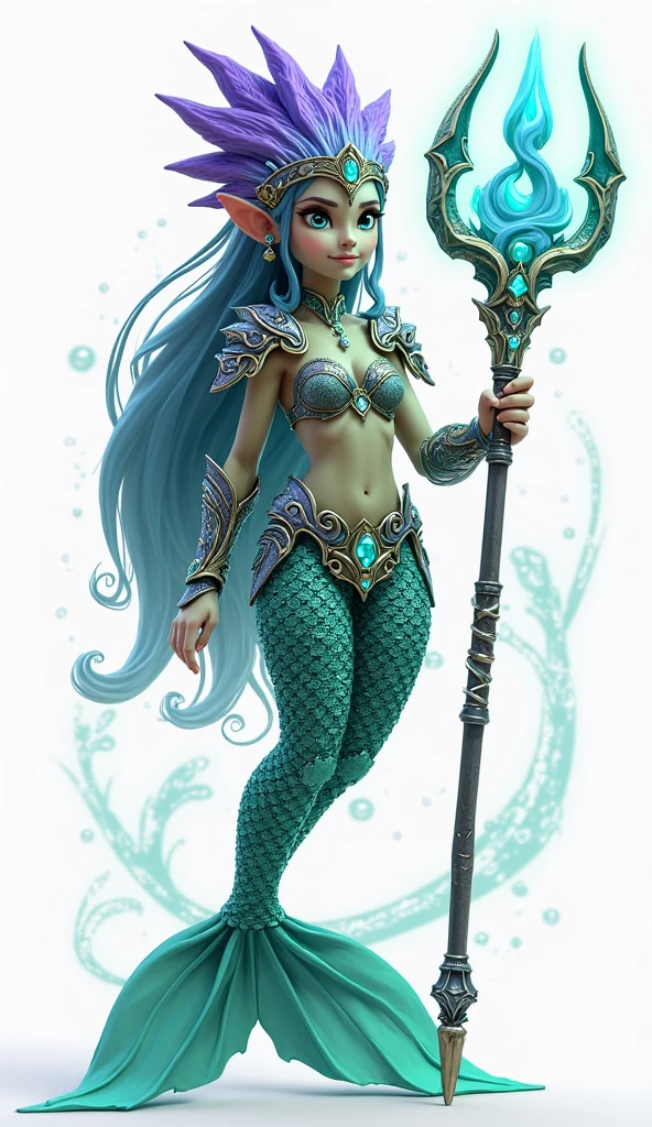 tall woman ,with big breasts,green eyes,silky white fur,covered by turquoise and silver body armor ,seashell belt,right hand a neptune style trident,sea goddess, whole body