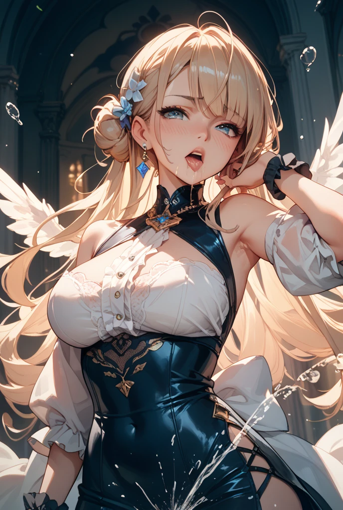 Please follow the all prompts below exactly and faithfully, This is a breathtaking masterpiece of digital illustration, with maximum resolution, UHD, 512K, 2160p, 10 million ppi, 300 million dpi, natural color tones, ultra sharp details, perfect outlines with contrast, ((smooth, soft and clearly and most realistic skin and hair texture)), most beautiful detailed eye features, perfect anatomically correct human body, beautiful background with depth, rule of thirds, depth of field, Maximize all element is used to its full potential to create the best digital illustrations, 1woman, sexy, 25years old, beautiful face sharp, elegant woman, Ultimate perfect body style, beautiful beautiful big breasts, Maximize upturned breasts, green eyes, shiny blonde hair, short hair, bob cut, (eyes visible through hair:1.3), glossy very thick lips, pink lipstick, smile:1.5, An angel with a radiant halo and broad, ethereal wings in a powerful motion. The angel is adorned in a bright, intricately designed skirt with vibrant patterns. The outfit consists of over 20 detailed features, including divine symbols, glowing patterns, and ornate armor. The angel is equipped with a sacred weapon, adding to its magnificent presence.