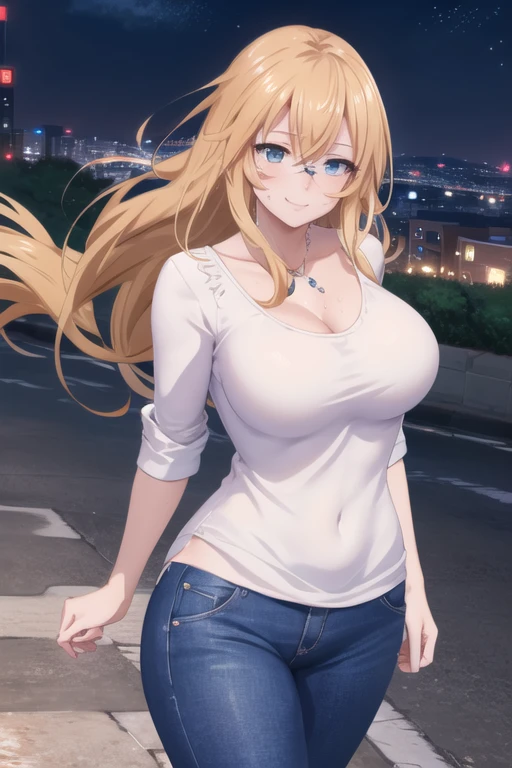 an anime woman looking sad and a huge smile with hair down to her waist, 1girl, solo, blonde hair, breasts, blue eyes, navel, looking at viewer, twin braids, long hair, braid, clothing cutout, parted lips, denim, shoulder cutout, shirt, bare shoulders,baseball cap, 