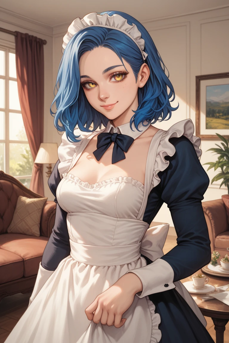 1girl, brown hair, multicolored hair, green eyes, maid, maid headdress, maid apron, cherry blossoms, sunbeam, wallpaper,