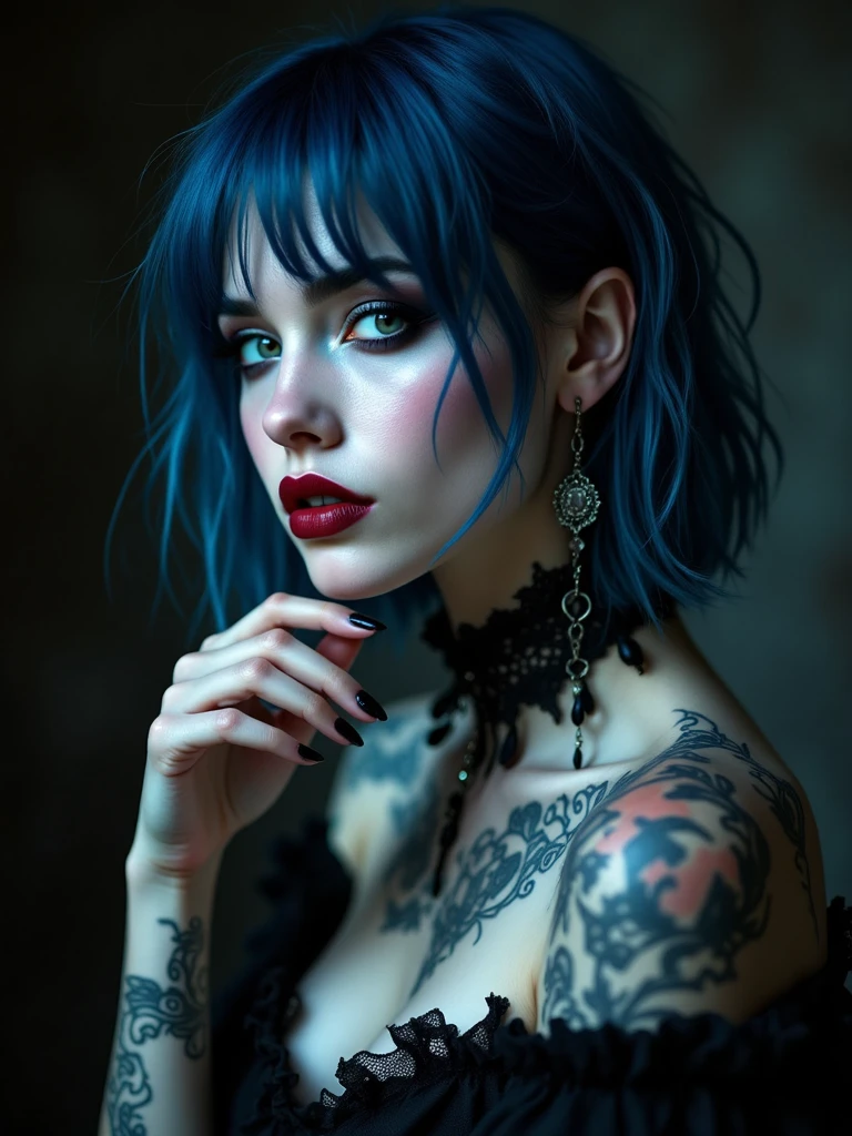 punk girl, eroticism, lingerie, sex sex sex (best quality,4k,8k,highres,masterpiece:1.2),ultra-detailed,(realistic,photorealistic,photo-realistic:1.37),intricate details,vivid colors,sharp focus,professional,Dave McKean artwork, oil touch of surrealism,oil painting style,portrait,woman,beautiful detailed eyes,beautiful detailed lips,dreamlike atmosphere,shadow play,soft lighting,playful pose,minimalist room,dark hues,ethereal background,fantasy elements,texture,layered composition.