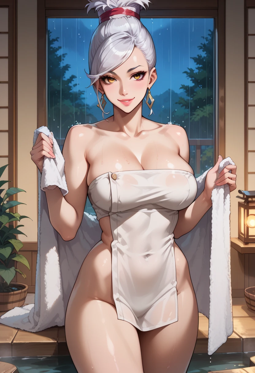 Masterpiece,Highest quality,8k,Ultra-high resolution,appropriate margins,lighting,BREAK,1 person,Very beautiful adult woman,Slim body,Very large breasts,Deep cleavage,Moisturized Skin,BREAK,Silver Hair,(No bangs,Show your forehead),mascara,Red eyeliner,Light pink lip,Thin teak,Thick upper eyelashes,Thin eyebrows,BREAK,Light purple eyes,BREAK,Embarrassed,Shy smile,BREAK,short hair,BREAK,Bathrobes,BREAK,Watching the audience,Gravure pose,Breast milk,Breastfeeding,nsfw 