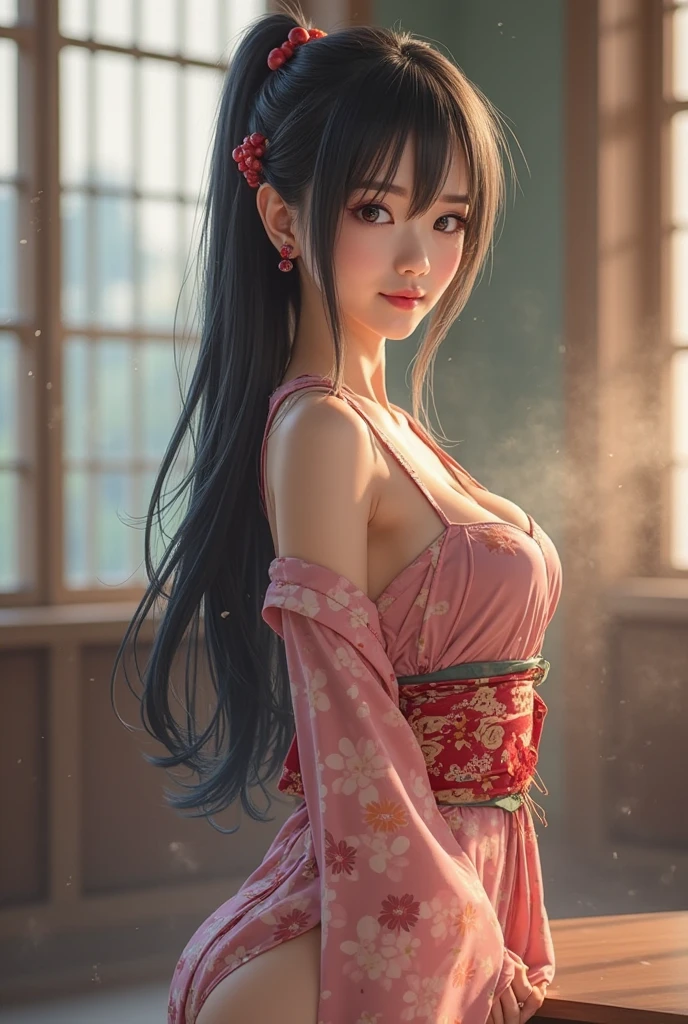 ((low angle)) Beautiful geisha with flowing hair, Fleshy lips, full breasts, beautiful eyes (With brilliance) thick thighs, wear a white and pink kimono, standing in front of the temple entrance, whose walls are beautifully decorated, with exotic plants on the facade, beautiful sunny morning ((hyperrealistic, Photorealistic, complex parts, 8 k, perfect lighting, Maximum sharpness)).