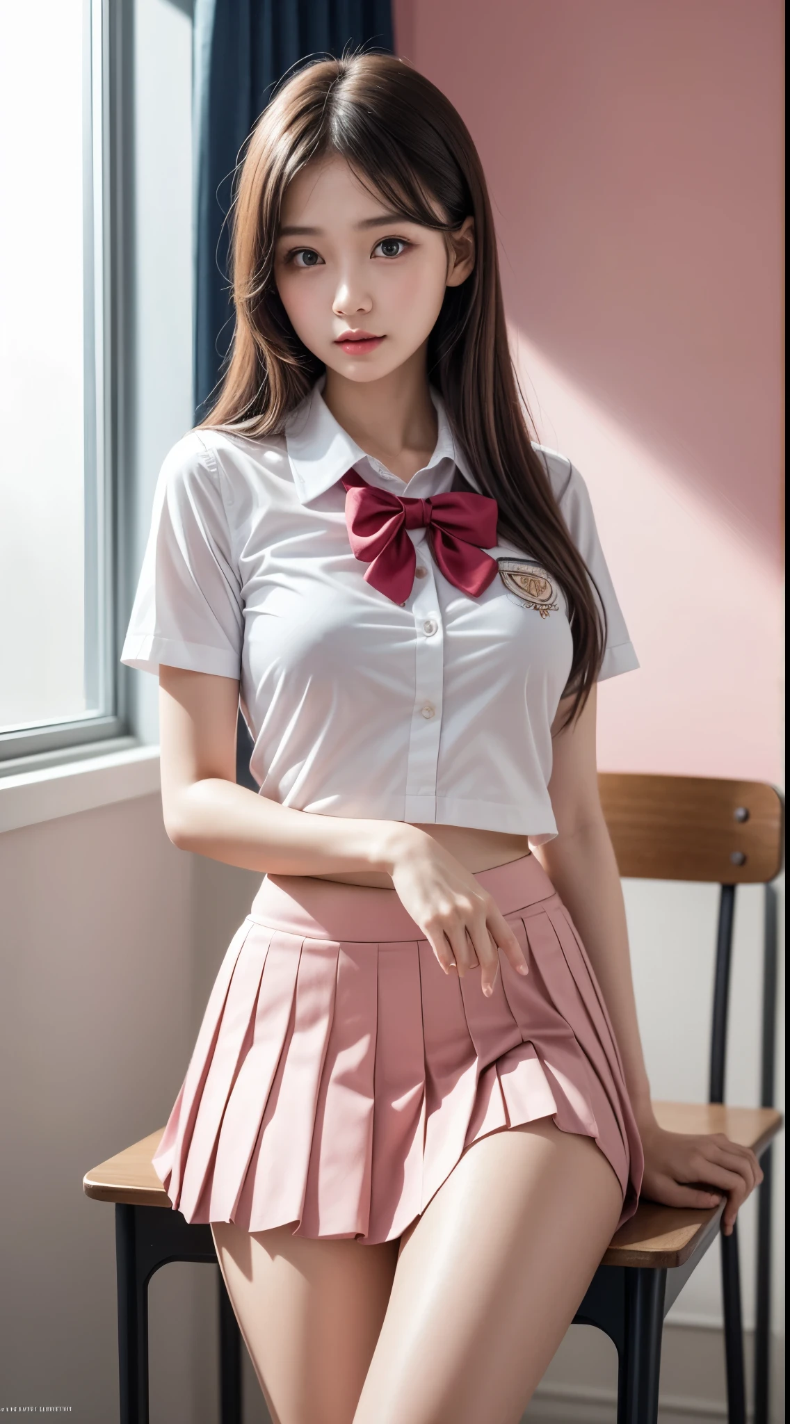 japanese, solo, huge breasts, brown hair, embarrassed, dynamic angle, high res, (photo realistic:1.2), (highly detailed:1.1), (micro-skirt) ,(classical school uniform:1.3),short sleeve shirt,
(in classroom:1.1), (((Panty shot))),white panties, detail brassiere, delicate background, bokeh, professional lighting, physically-based rendering,