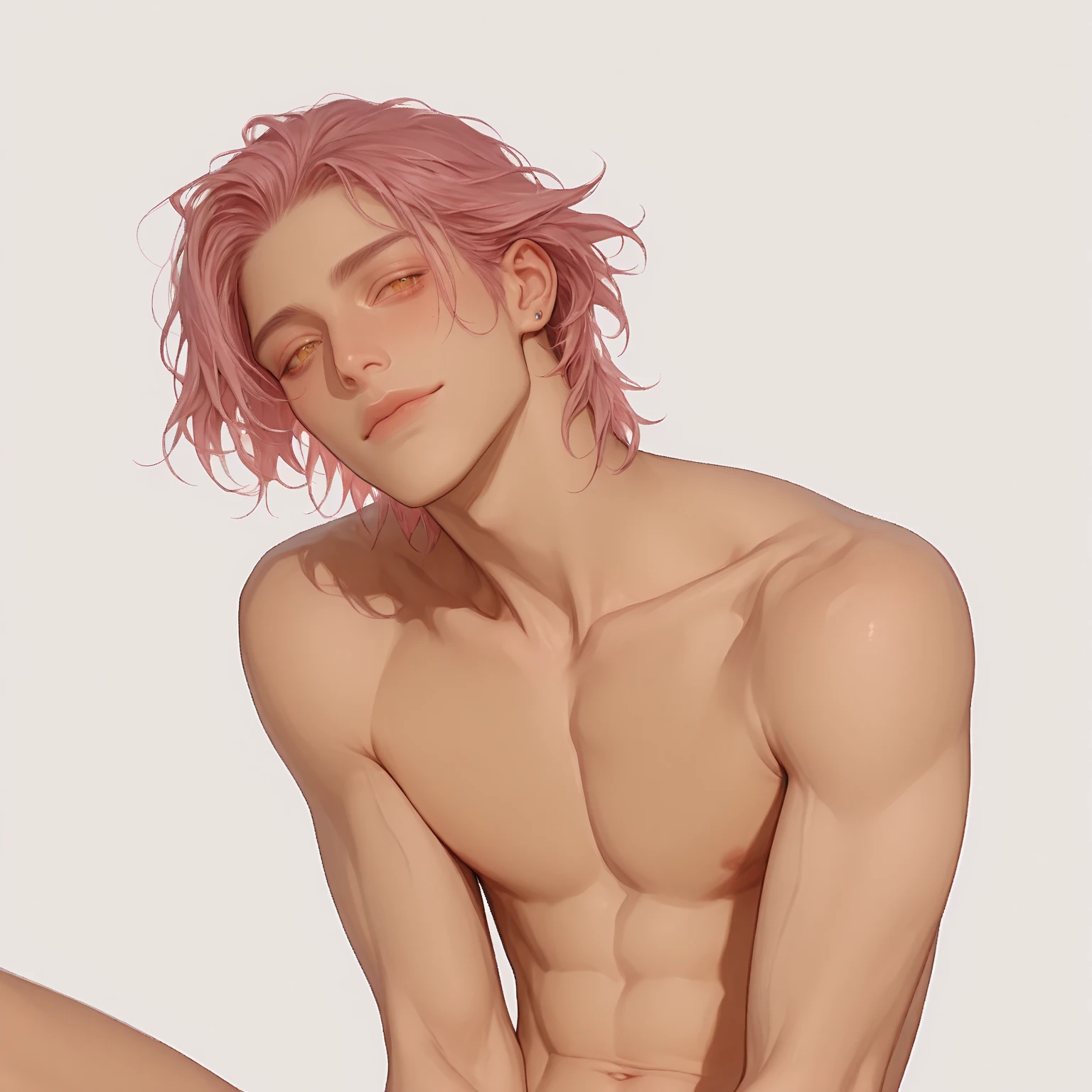 Draw a young anime boy with dark pink hair and light baby blue eyes and black skin he is a sexy man bl He is dancing