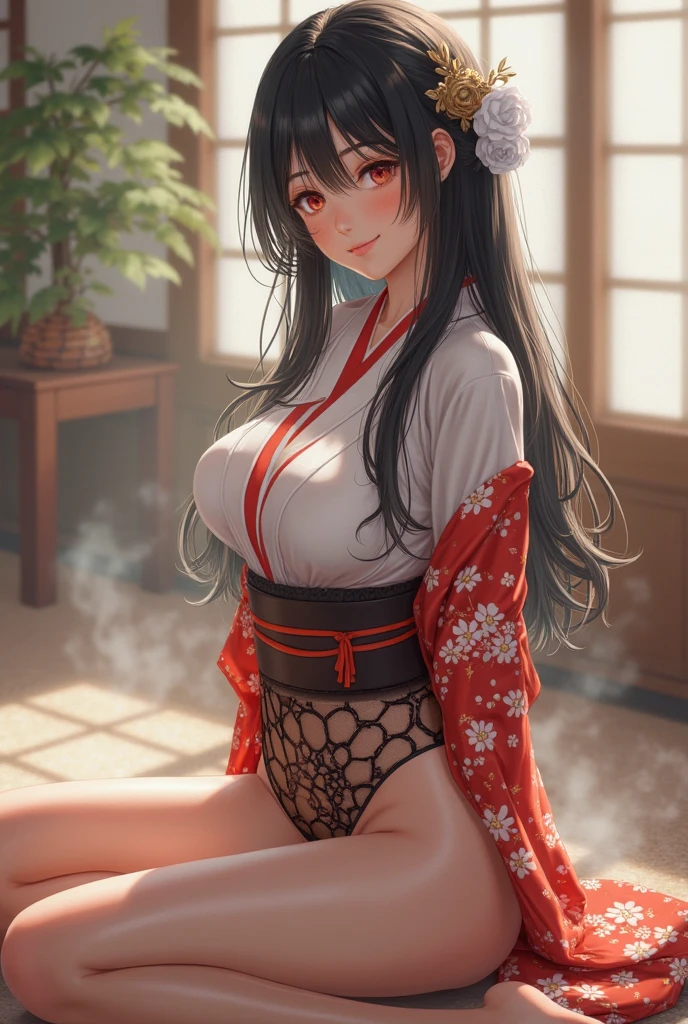 beautiful girl、Big Breasts、Black Hair、Long Straight、Great style、Nice body、Muscular、Abdominal muscles、Beautiful buttocks、Toned Legs、Completely naked、nude、pubic hair、Are standing、、The whole body is visible、Hairpin、kimono、kimonoがはだける、Japanese-style building、Pleasure、night、Japanese-style room、futon、One girl、smile